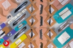 LOVE as a LIST OF VICARIOUS EDGES Series_______surgical scalpels, blades, pins, razors, bandages / various sizes / 2006 — 2010