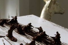 BATTLE OF LOSERS AND LOVERS_______plastic soldiers, chocolate, wood, iron cast deer / 250X 250x 320 cm