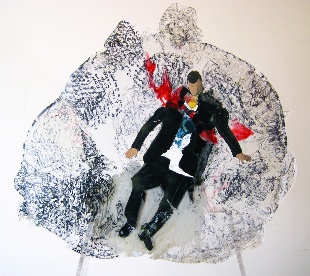 daytime laying on a garbage pile split from neck to nipple eyes fixed skyward wires overhead his condition has little bearing on me but his experience has everything to do with us_______heated and pressed mixed plastic / 36 x 38 x 1 cm
