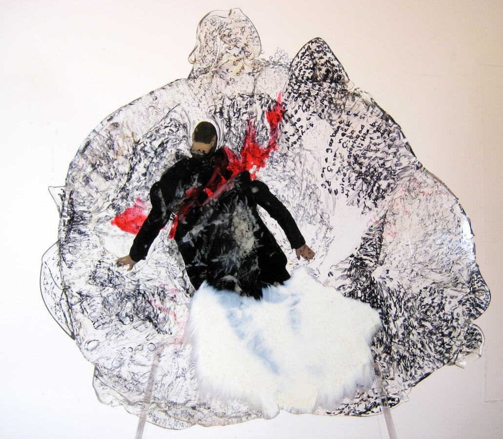 daytime laying on a garbage pile split from neck to nipple eyes fixed skyward wires overhead his condition has little bearing on me but his experience has everything to do with us_______heated and pressed mixed plastic / 36 x 38 x 1 cm