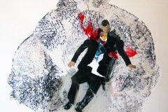 daytime laying on a garbage pile split from neck to nipple eyes fixed skyward wires overhead his condition has little bearing on me but his experience has everything to do with us_______heated and pressed mixed plastic / 36 x 38 x 1 cm