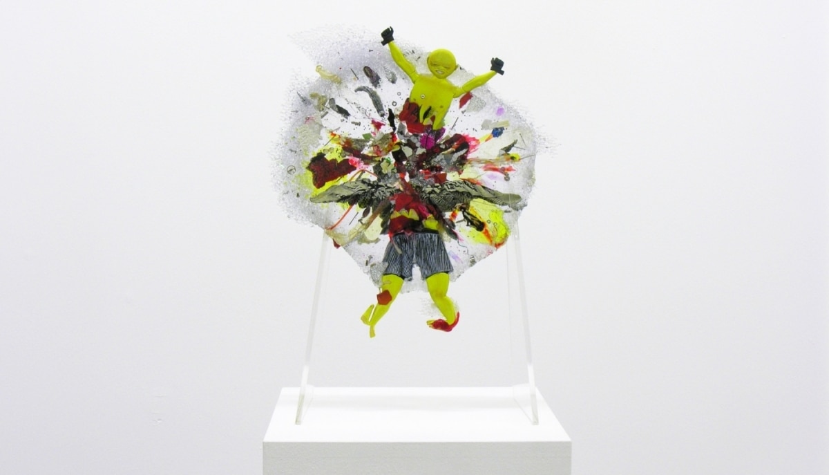 YELLOW MAN EXPLODES AS HIS FAMILY SIPS TEA_____heated and pressed mixed plastic / 30X30X1 cm / 2008