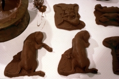 CHOCOLATE SOLILOQUY_______chocolate fetal goat casts, dried goat ears, alarm clock dipped in chocolate/ 1989