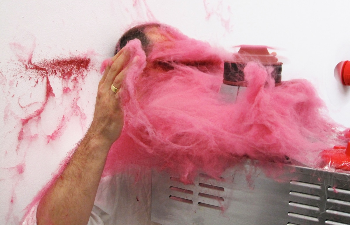SLAPPED IN THE FACE TILL YOUR SHIT TURNS RED_______performance, cotton candy machine/ 2009 / CAN, Centre d'Art Neuchâtel, Switzerland