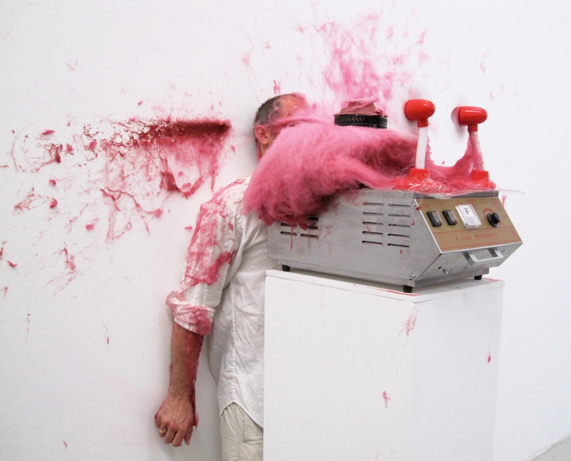 SLAPPED IN THE FACE TILL YOUR SHIT TURNS RED_______performance, cotton candy machine/ 2009 / CAN, Centre d'Art Neuchâtel, Switzerland