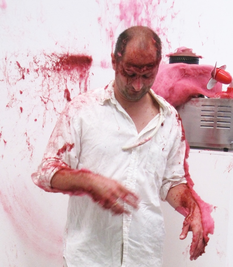 SLAPPED IN THE FACE TILL YOUR SHIT TURNS RED_______performance, cotton candy machine/ 2009 / CAN, Centre d'Art Neuchâtel, Switzerland
