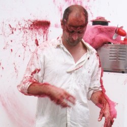 SLAPPED IN THE FACE TILL YOUR SHIT TURNS RED_______performance, cotton candy machine/ 2009 / CAN, Centre d'Art Neuchâtel, Switzerland