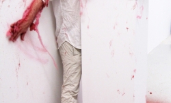 SLAPPED IN THE FACE TILL YOUR SHIT TURNS RED_______performance, cotton candy machine/ 2009 / CAN, Centre d'Art Neuchâtel, Switzerland