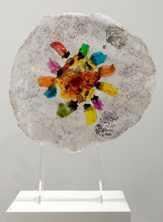 ZIPPO FLOWER AND DEFORMATION OF SACRED WORDS_______melted & pressed plastic with sacred texts inscriptions, 50X1 cm / 2012