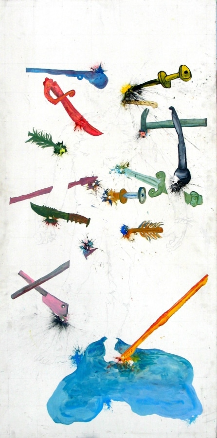 LEAVE ME THE WOUNDS OF COLOR. Ballistic Paintings Series_______paintball bullets filled with paint media and fired onto the canvas / 80X150cm / 2004