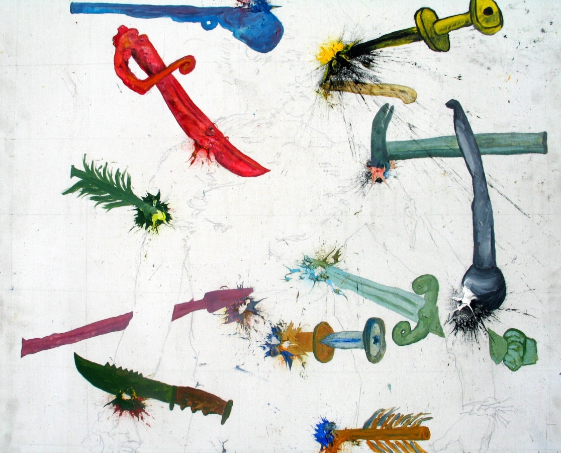 LEAVE ME THE WOUNDS OF COLOR. Ballistic Paintings Series_______paintball bullets filled with paint media and fired onto the canvas / 80X150cm / Detail
