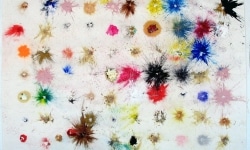ALLERGY TEST. Ballistic Paintings Series_______paintball bullets filled with paint media and fired onto the paper / 90X90 cm
