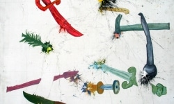 LEAVE ME THE WOUNDS OF COLOR. Ballistic Paintings Series_______paintball bullets filled with paint media and fired onto the canvas / 80X150cm / Detail