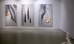 THE DANGER IS ALL MINE_______three panels 122 x 200 cm each, scalpel blades, melted pill bottles on aluminum composite panel / 2010