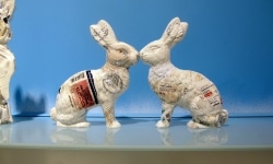 PHARMACEUTICAL LANDSCAPE_______30 x 500 cm / melted pill bottles in the form of Easter bunnies, glass