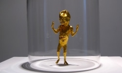 IF JESUS HAD BEEN AN ABORTION HOW HAPPY WE WOULD BE_______15 x 7 x 4 cm, 24 karat gold plated cast bronze / 2009 / Edition of 3 + 1 AP
