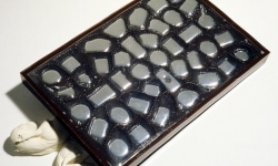 TWO FRIENDS UNDER THE HEAVY BLANKET_______cast goat fetuses, chocolate tray filled with mercury, plexiglass case / 1996