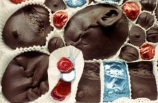 UNIDENTIFIED. RUSSIAN MORGUE CHOCOLATES_______impressions from wounds cast in dark chocolate / 44 X 48X 8 cm / 1994