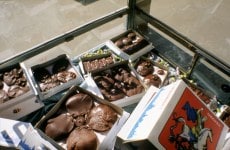 MORGUE CHOCOLATES_______installation in information kiosk / Moscow Russia 1993