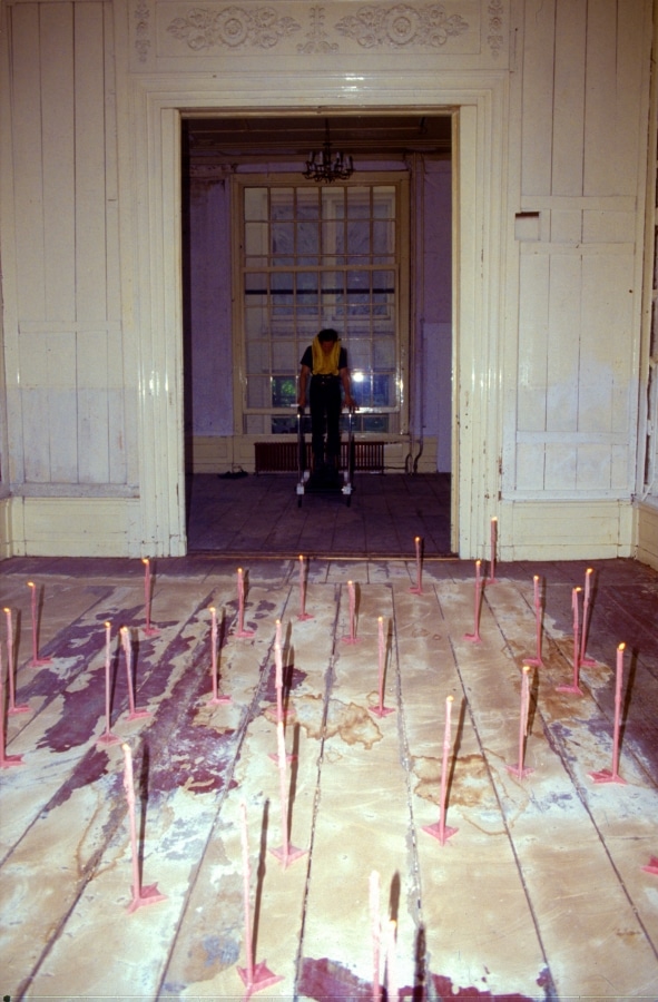 REPEATED BLOWS EVENTUALLY DRIVES ALL ANIMALS TO PASTURE_______Life-jacket, shoes, flamingo leg candles / Fodor Museum Amsterdam The Netherlands / 1992