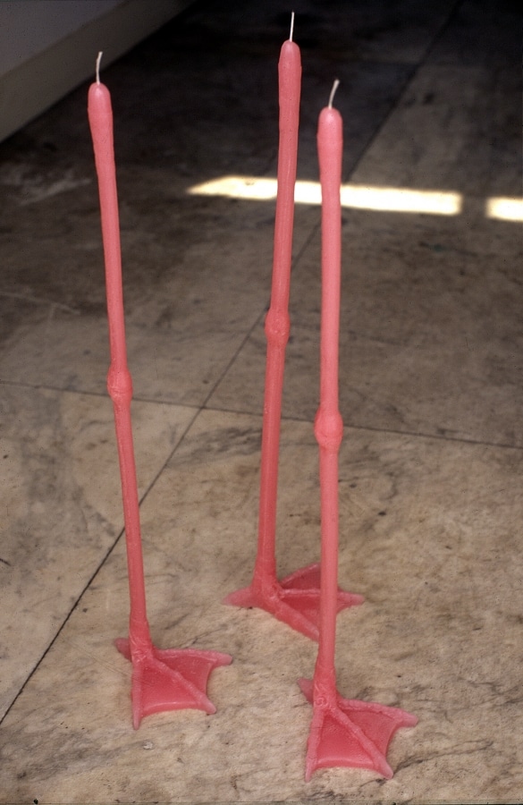 REPEATED BLOWS EVENTUALLY DRIVES ALL ANIMALS TO PASTURE_______Life-jacket, shoes, flamingo leg candles / Fodor Museum Amsterdam The Netherlands / 1992