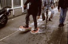 SNOWSHOES_______ an ongoing performance, snowshoes containing white flour are leaving marks while walking in different cities / AMSTERDAM / 1993 —