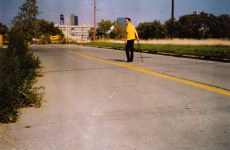 STIPPELBEEN ( POKKA DOT LEG)_______an ongoing walking performance with cane, filled with a mixture of phosphorescent powder and plaster. each placement leaves a lingering green dot / Moscow, Amsterdam, Pittsburgh /1993 —