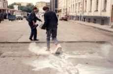 SNOWSHOES_______an ongoing performance, snowshoes containing white flour are leaving marks while walking in different cities / MOSCOW / 1993 —