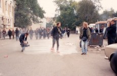 SNOWSHOES_______an ongoing performance, snowshoes containing white flour are leaving marks while walking in different cities / MOSCOW / 1993 —