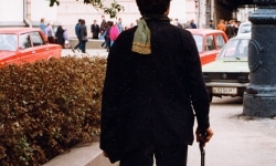 STIPPELBEEN ( POKKA DOT LEG)_______an ongoing walking performance with cane, filled with a mixture of phosphorescent powder and plaster. each placement leaves a lingering green dot / Moscow, Amsterdam, Pittsburgh /1993 —