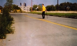 STIPPELBEEN ( POKKA DOT LEG)_______an ongoing walking performance with cane, filled with a mixture of phosphorescent powder and plaster. each placement leaves a lingering green dot / Moscow, Amsterdam, Pittsburgh /1993 —