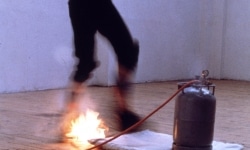 LANDSCAPE WITH INCIDENT_______bronze soled shoes heated to flash point / Oceaan Gallery Arnhem The Netherlands / 1993