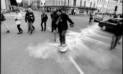 SNOWSHOES_______an ongoing performance, snowshoes containing white flour are leaving marks while walking in different cities / MOSCOW / 1993 —